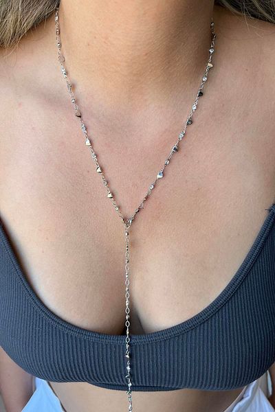 TAKIŞTIR Silver Color Heart Figured Stone Detailed Steel Y Necklace
