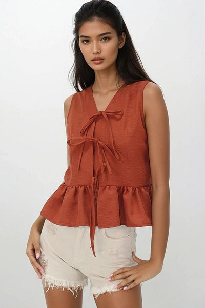 VAGGON Tile V-Neck Bow Detailed Skirt Flounced Aerobin Blouse