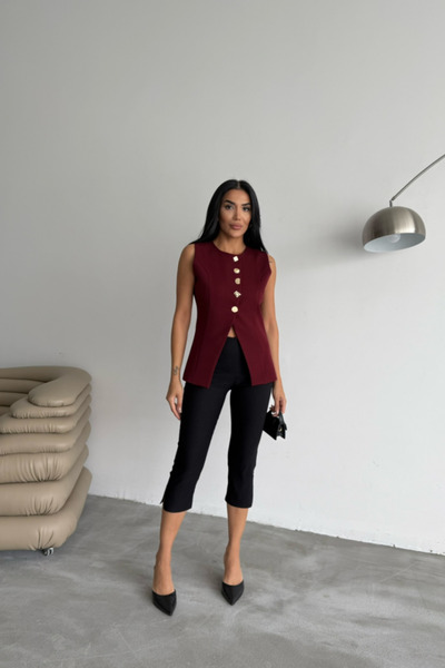 KOZMERA BUTİK Gold Button Detailed Vest - Burgundy
