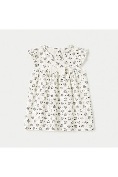 Juniors Printed A-line Dress with Cap Sleeves and Bow Detail