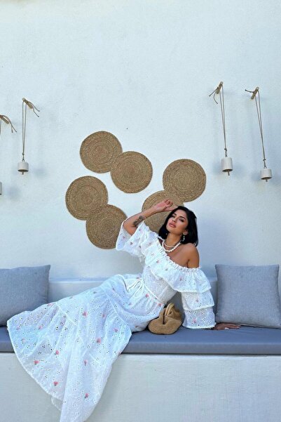 Asil Acar Home Rochie brodata roz cu umeri elastici