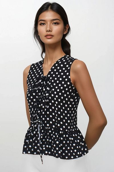 VAGGON Black-White V-Neck Aerobin Blouse with Bow Detail Skirt