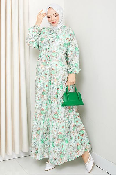 Bestenur Elera Φόρεμα Hijab με μοτίβο μανίκι νυχτερίδας 1572 - Πράσινο