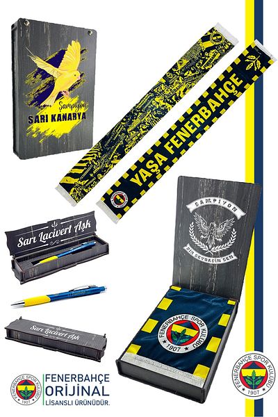 Fenerbahçe Original Licensed Satin Shawl Scarf + Tip Pen Set Gift Wooden Boxed