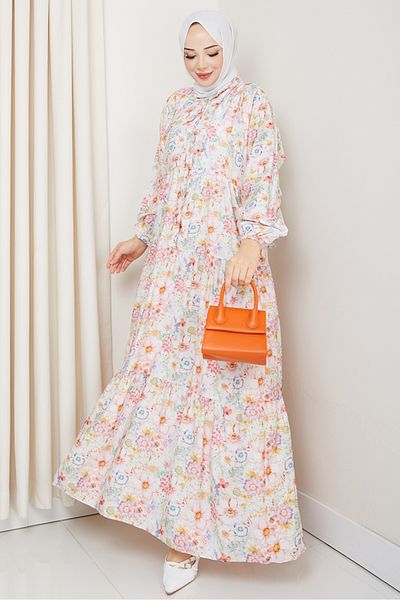 Bestenur Φόρεμα Elera με σχέδιο μανίκι Hijab 1572 - Ροζ