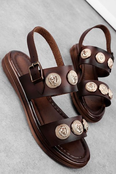 Lal Shoes & Bags Noste Women's Metal Detailed Double Strap Basement Sandals B4095-Brown
