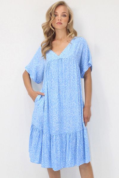 VAGGON Women's Blue V-Neck Double Sleeve Patterned Relaxed Cut Double Pocket Woven Viscose Dress Prmx14196