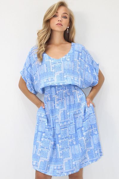 VAGGON Baby Blue V λαιμόκοψη με διπλή τσέπη Ethnic μοτίβο μέσης με υφαντό φόρεμα βισκόζης
