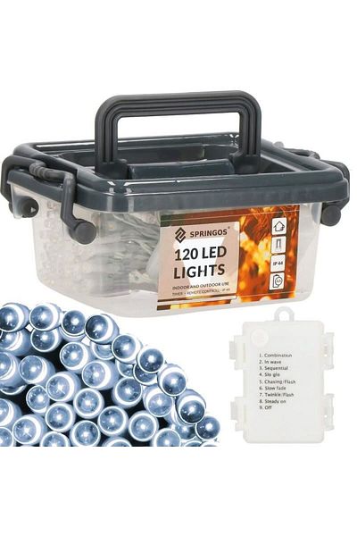 Springos Instalatie luminoasa de Craciun, exterior/interior, 120 LED, 8 moduri, alb rece, IP44, 3xAA, 9 m
