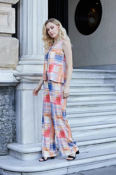 Jument Women's Lycra Free Linen Fabric High Waist Elastic Waist Side Pockets Wide Leg Palazzo Pants-Mango Plaid