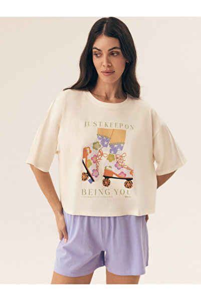 Bloovii Pijama de vară pentru femei, format din două piese, tricou și pantaloni scurți supradimensionați cu imprimeu drăguț | Rolling