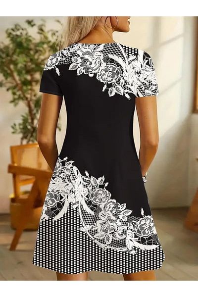 Modayakamoz New Season Women's Short Sleeve V-Neck Floral Printed Single Jersey Dress
