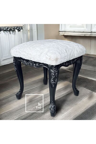 77 Adaline Tüylü Minderli Oymalı Ağaç Lükens Ayaklı Siyah Puf Bank Tabure Ant...