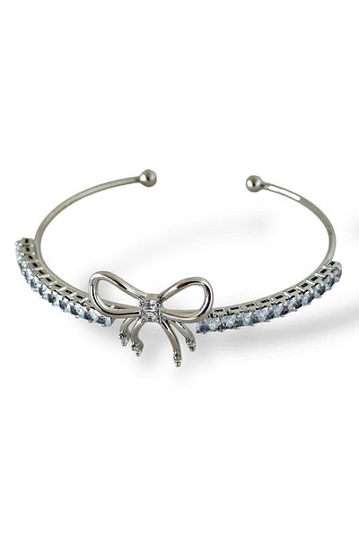 TAKIŞTIR Silver Color Ribbon Figured Stone Detailed Handcuff Bracelet