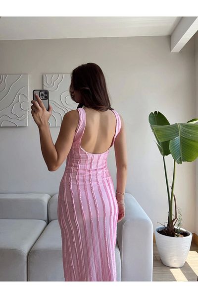 Zoom Butik Ribbed Back Low-Cut Dress - Pink