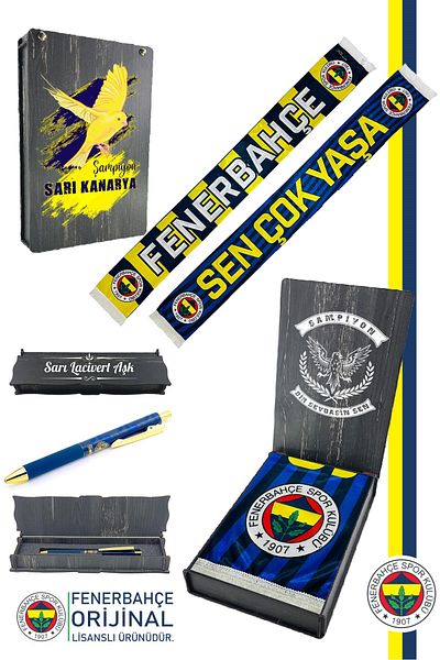 Fenerbahçe Original Licensed Sen Longslive Shawl Scarf and Hybrid Ballpoint Pen Set Canary Box