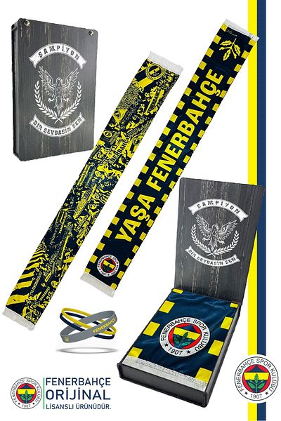 Fenerbahçe Original Licensed Age Shawl Scarf and Bracelet Set Canary Printed Wooden Box