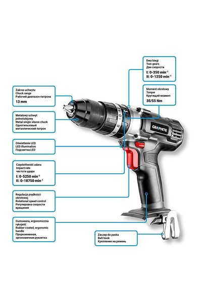 graphite Drill, screwdriver (drill), impact, 18V Li-ion (battery not included), 13mm chuck