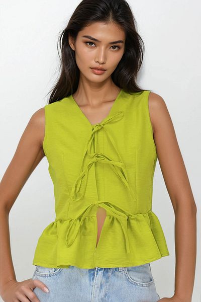 VAGGON Oil Green V-Neck Bow Detailed Skirt Flared Aerobin Blouse