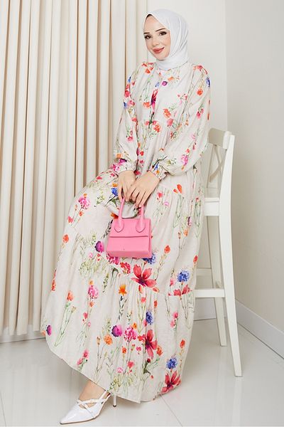 Bestenur Soren Bat Sleeve Hijab Φόρεμα 1573 - Εκρού