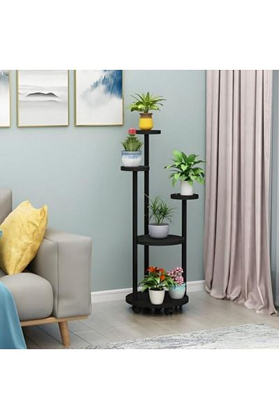 Türkiye Multi-tiered Round Wood Plant Stand with Wheels and Spacious 5 Shelves - Black