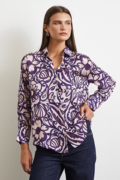 Never more Floral Patterned Satin Shirt Purple