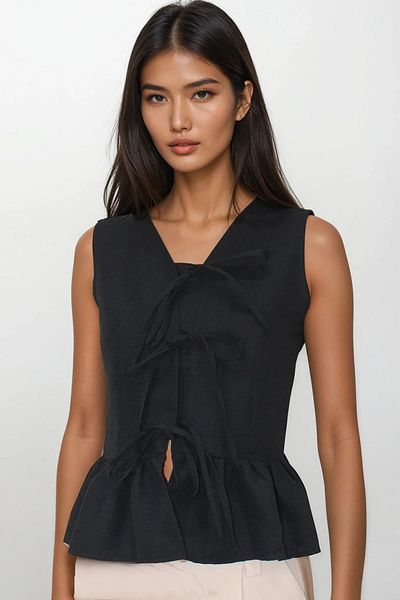 VAGGON Black V-Neck Bow Detailed Skirt Flared Aerobin Blouse