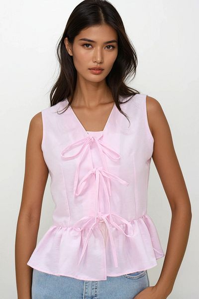 VAGGON Powder Pink V-Neck Bow Detailed Skirt Flounced Aerobin Blouse