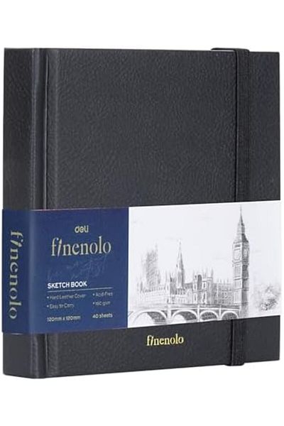 Deli دفتر رسم Finenolo EC285 بغلاف جلدي أسود صلب، أبيض، مقاس 12 سم × 12 سم