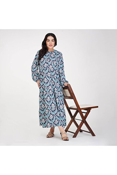 LINELLE فستان ماكسي مطبوع بالكامل من الرايون - أكمام طويلة، متوفر بثلاثة ألوان.