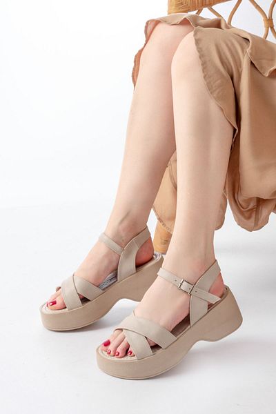 infon shoes creation 24414-1005 Beige Daily Cross Wedge Heel Women's Sandals