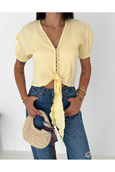 Noa Noa Button Detailed Tie-Up Short Sleeve Shirt