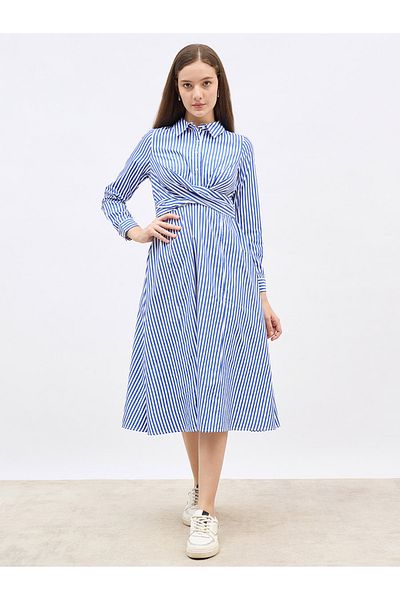 Styli Striped Collared Long Sleeve Midi Dress