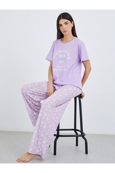 Styli Women Lilac Slogan Print Dropped Shoulder T-Shirt and Paisley Print Pyjama Set