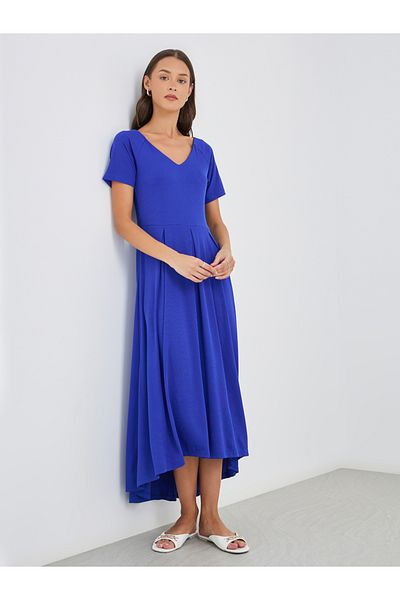 Styli Women Blue Plain V Neck A-Line Midi Dress with High Low Hem