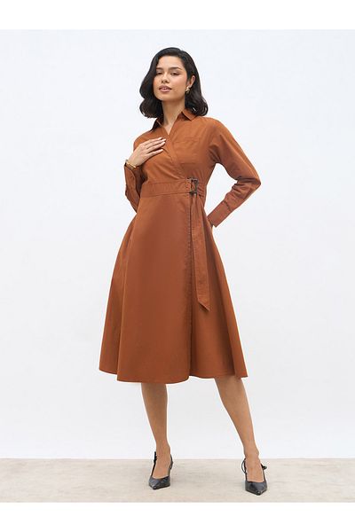Styli Women Brown Solid Long Sleeve Wrap Midi Dress with Belt Detail