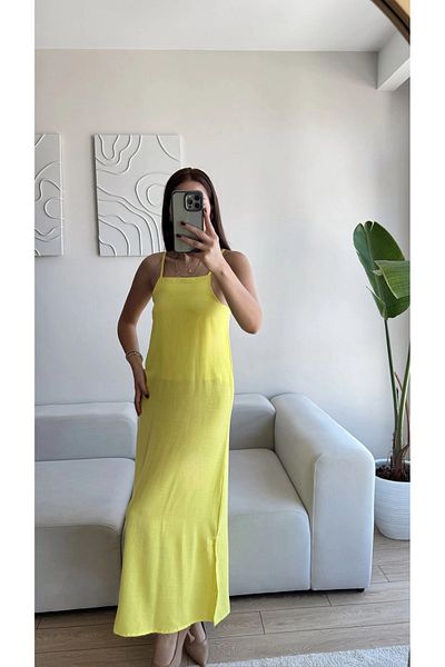 Zoom Butik Slit Linen Strap Dress - Yellow