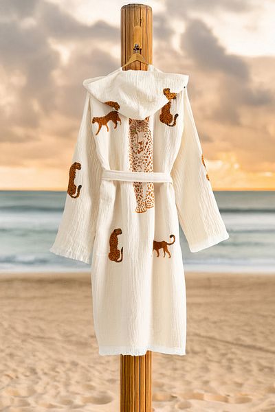VAROL Organic 100% Cotton Hooded Sturdy Bathrobe Beach Dress - Leopard - L/Xl
