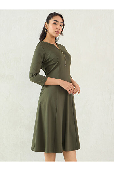 Femmella By Styli Olive Solid Half Zip A-Line Midi Dress
