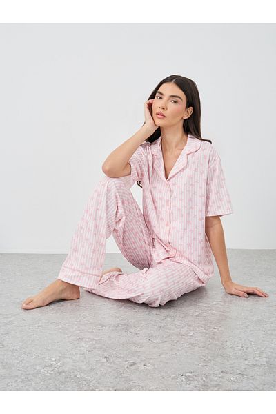 Styli Women Pink Stripe and Bow Print Piped Shirt and Pyjama Set