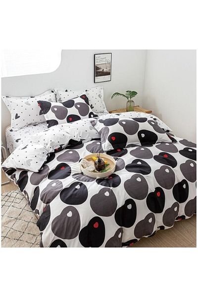 OEM Double Bed Linen Set, 2 Faces, 4 Pieces, 180x200cm, Heart Print, Satin Cotton, Non-Colors
