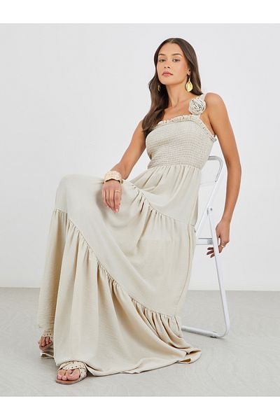 Styli Plain Smocked Tiered Maxi Dress with Corsage Detail