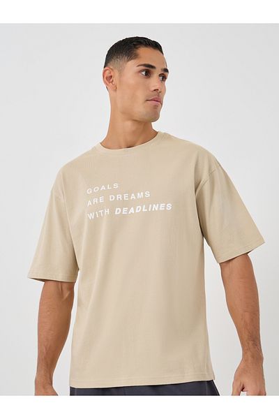 Styli Men Beige Slogan Print Oversized T-Shirt and Shorts Co-Ords