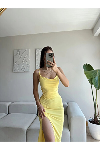 Zoom Butik Askılı Derin Yırtmaç Elbise - SARI