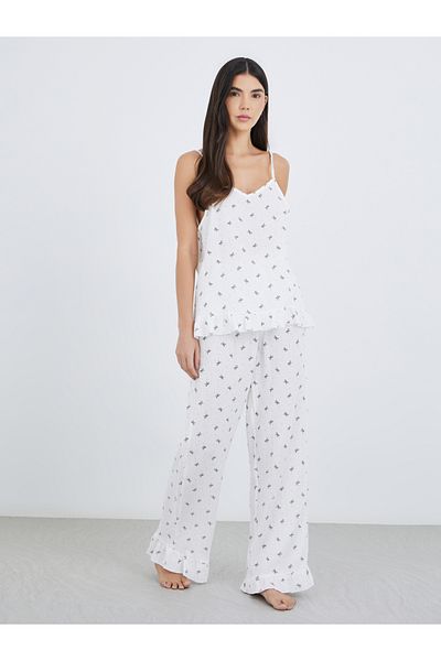 Styli All-Over Bow Print Cotton Gauze Ruffle Hem Cami and Pyjama Set