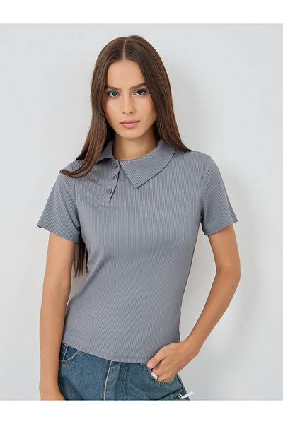 Styli Textured Polo Neck Short Sleeve Top