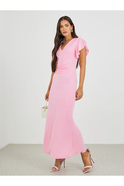 Styli Solid Ruffled Sleeves Mermaid Maxi Dress