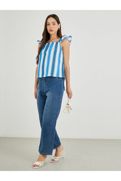 Styli Striped Ruffle Sleeveless Top