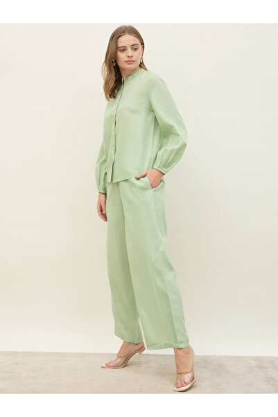 Styli Green Pintuck Detail Slub Shirt and Pants Co-Ords