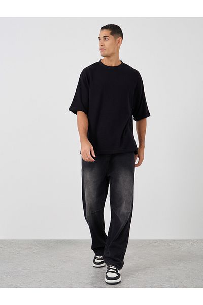 Styli Waffle Knit Oversized T-Shirt with Turn-Up Sleeves